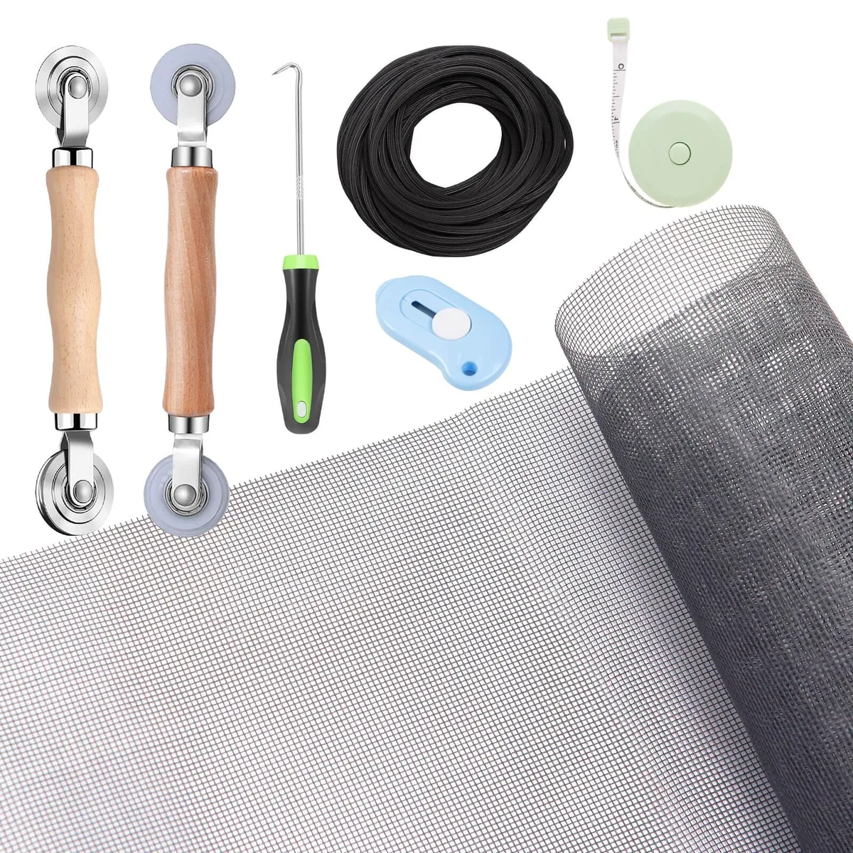Gray fiberglass screen mesh folded in box with roller tool, spline, knife, hook and ruler