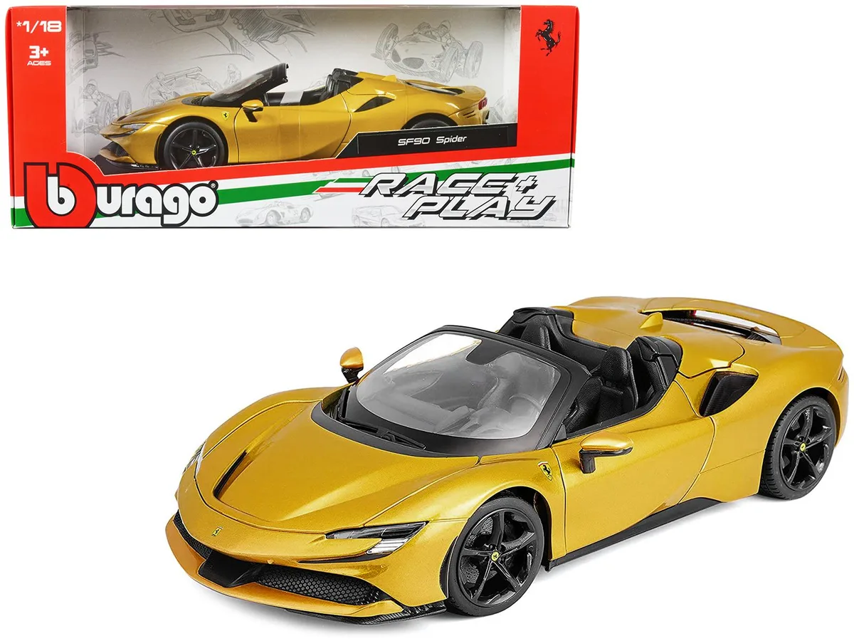 BBURAGO BBURAGO Ferrari SF90 Spider Gold Metallic Race + Play 1/18 Diecast Model Car — product photo