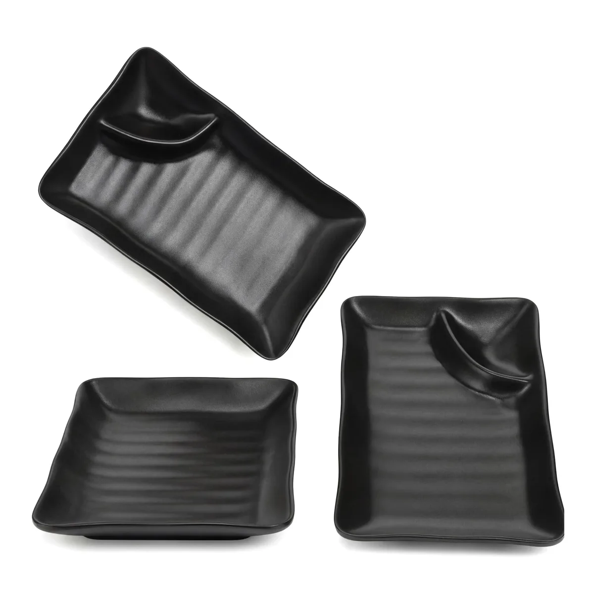 Set of 30 white rectangular melamine plates with black rim and sauce compartment