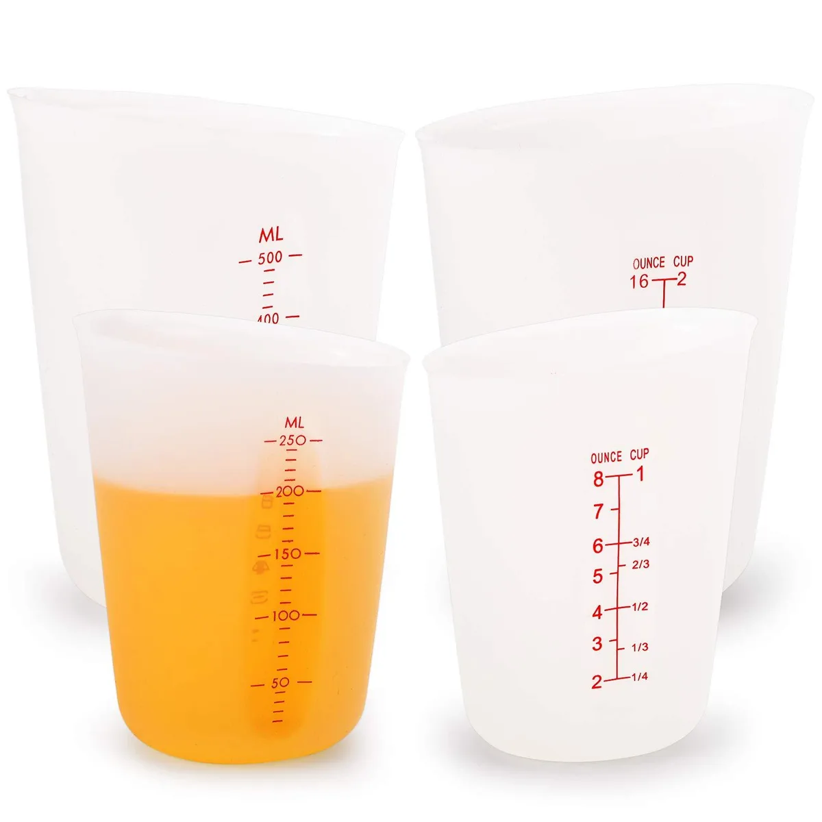 Four flexible silicone measuring cups, two 8oz and two 16oz, flat bases, measurement markings