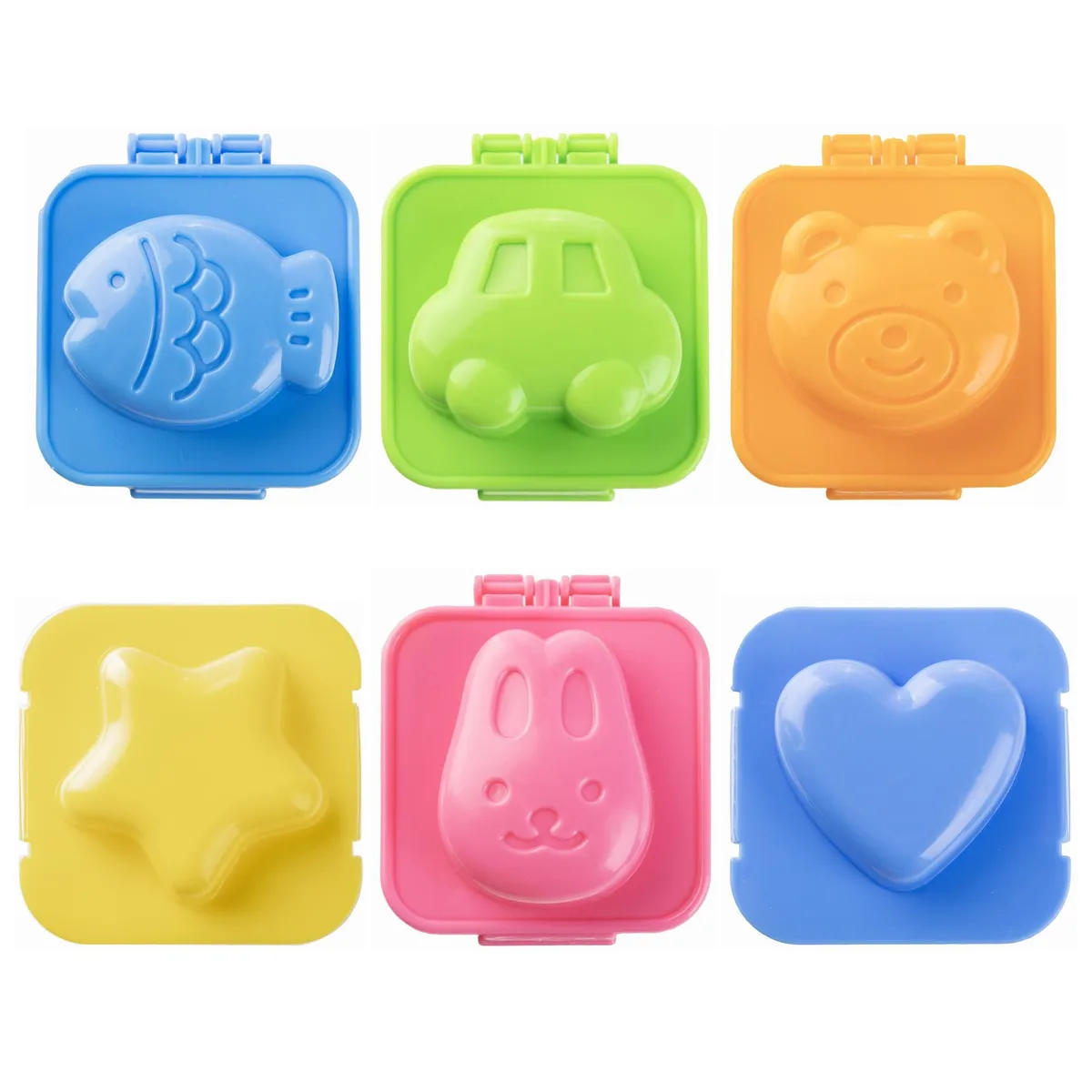 Six pastel polypropylene molds in fish, car, heart, rabbit, bear and star shapes, each about 2.7 by 2.7 by 1.7 inches