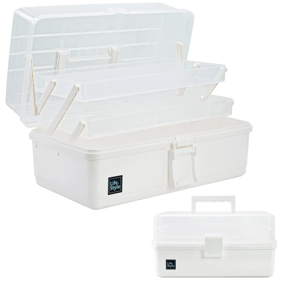 White 13 inch three-layer plastic storage box with transparent lid and carry handle