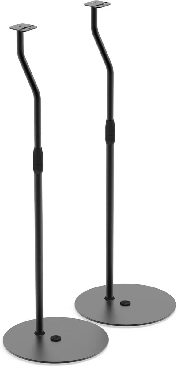 Black steel speaker stand pair with adjustable height column and square base