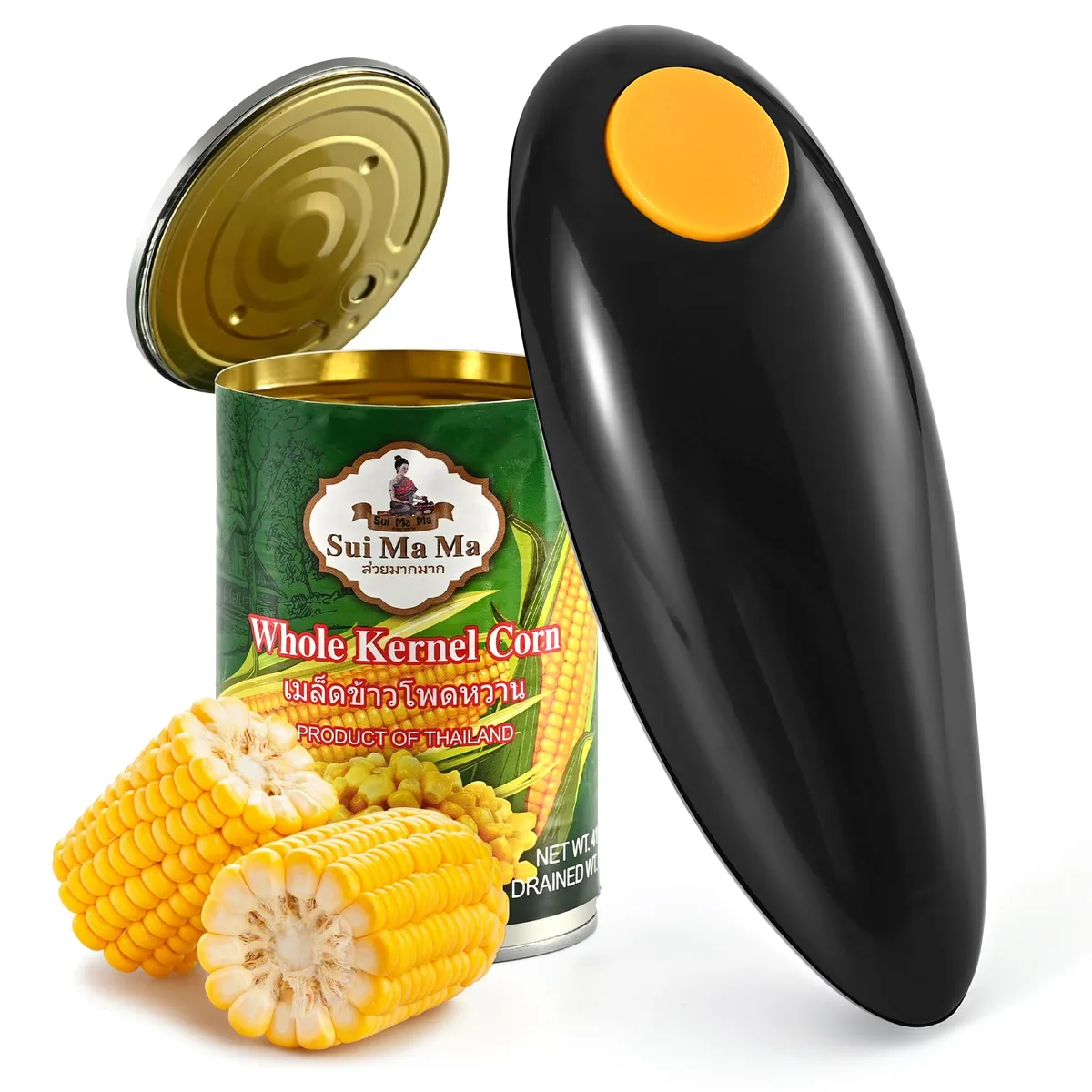 Black automatic can opener, smooth plastic body, 8.5 inches tall