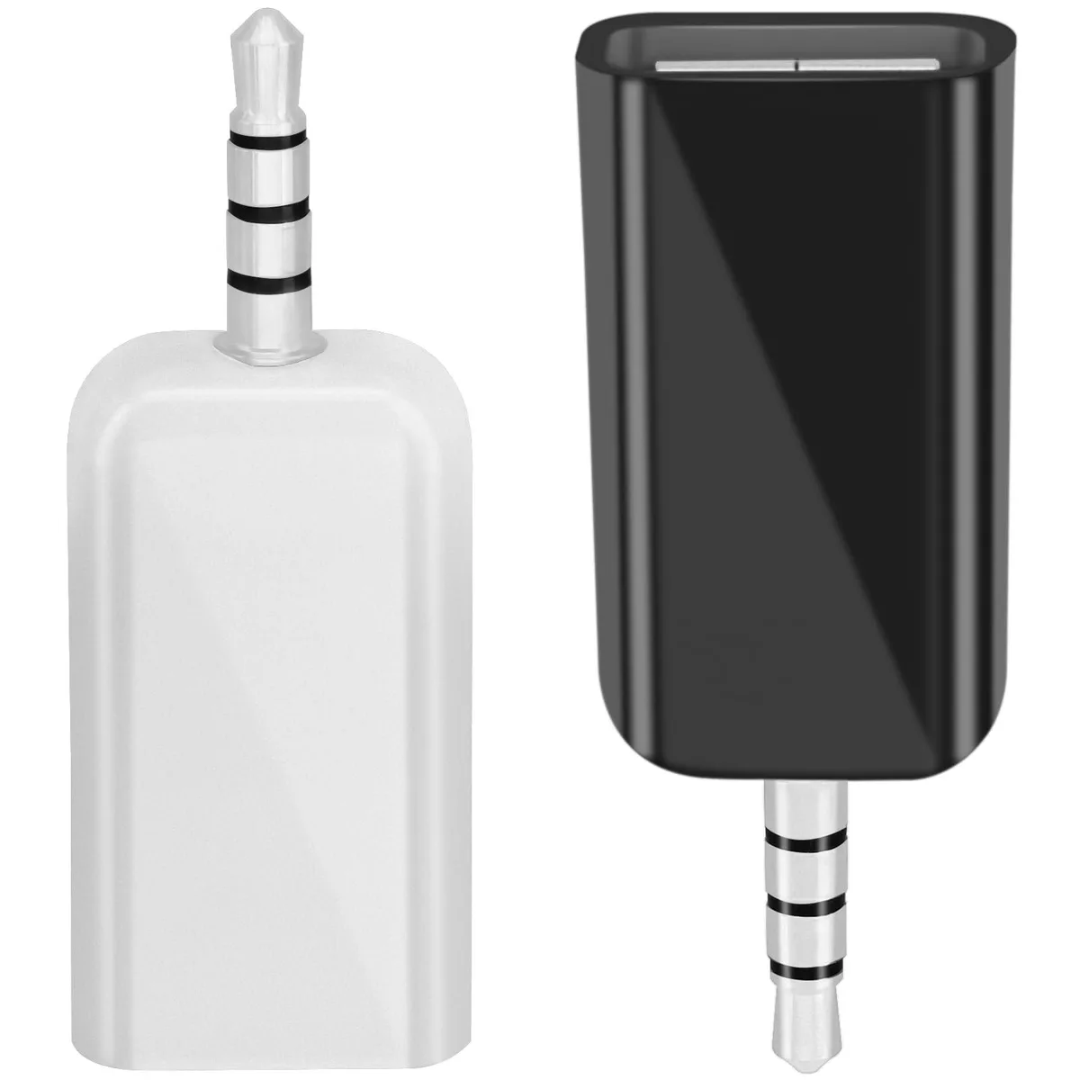 Two small black and white adapters with 3.5mm plug and USB 2.0 port