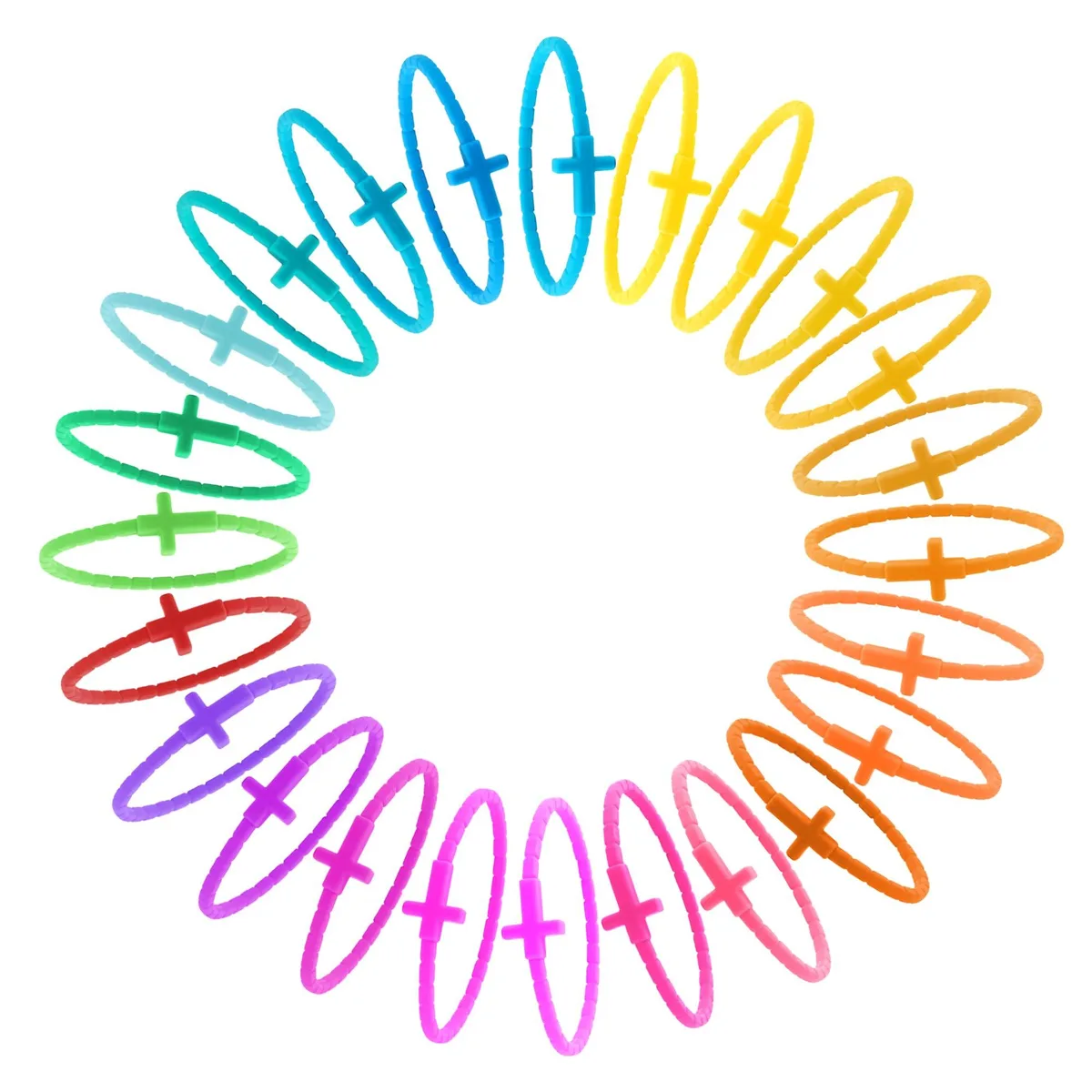 A set of 24 stretchy rubber cross bracelets in assorted colours, each 20 cm or 7.9 in around