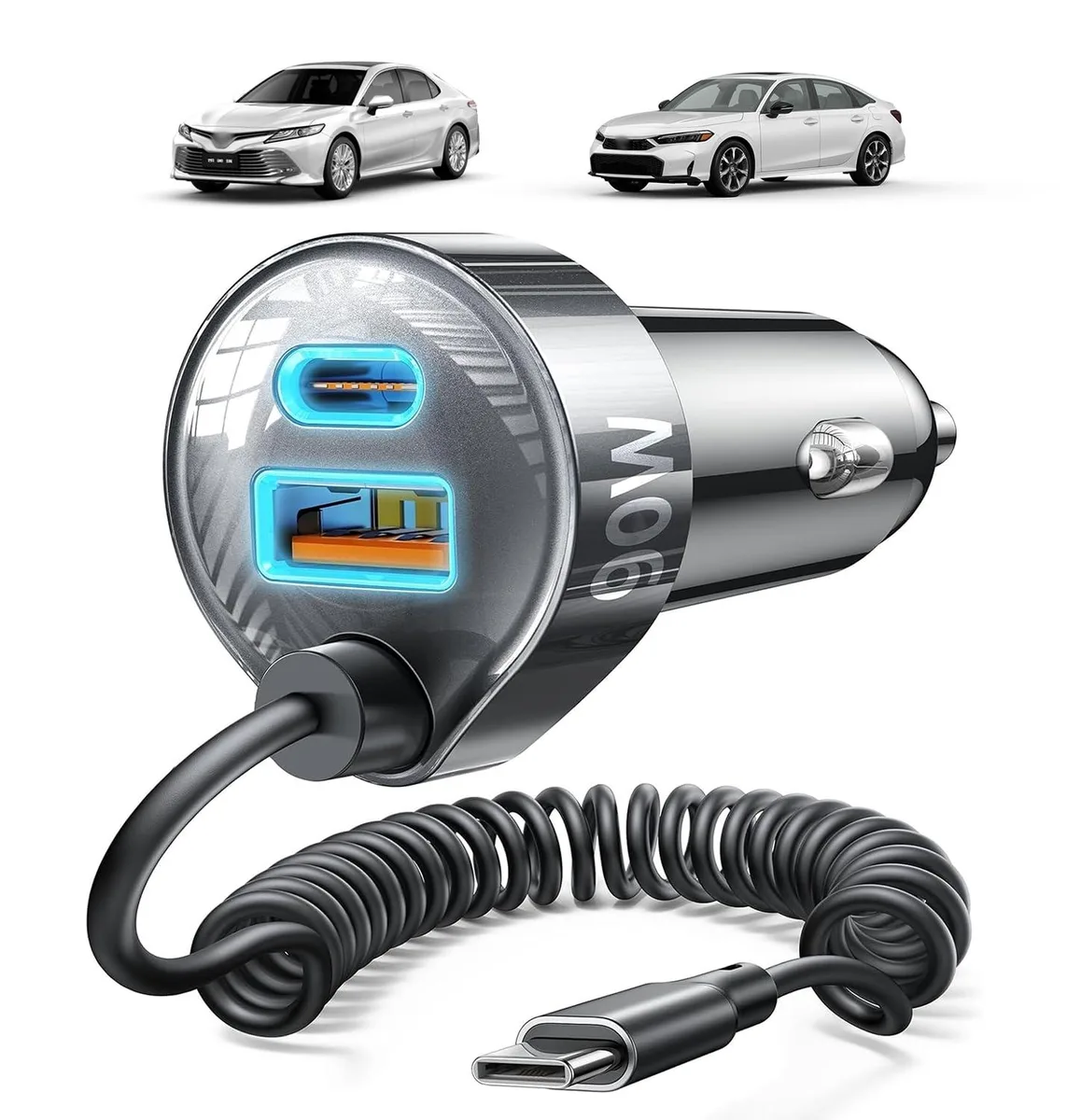 Black LISEN retractable USB-C car charger with 36 inch coiled cable