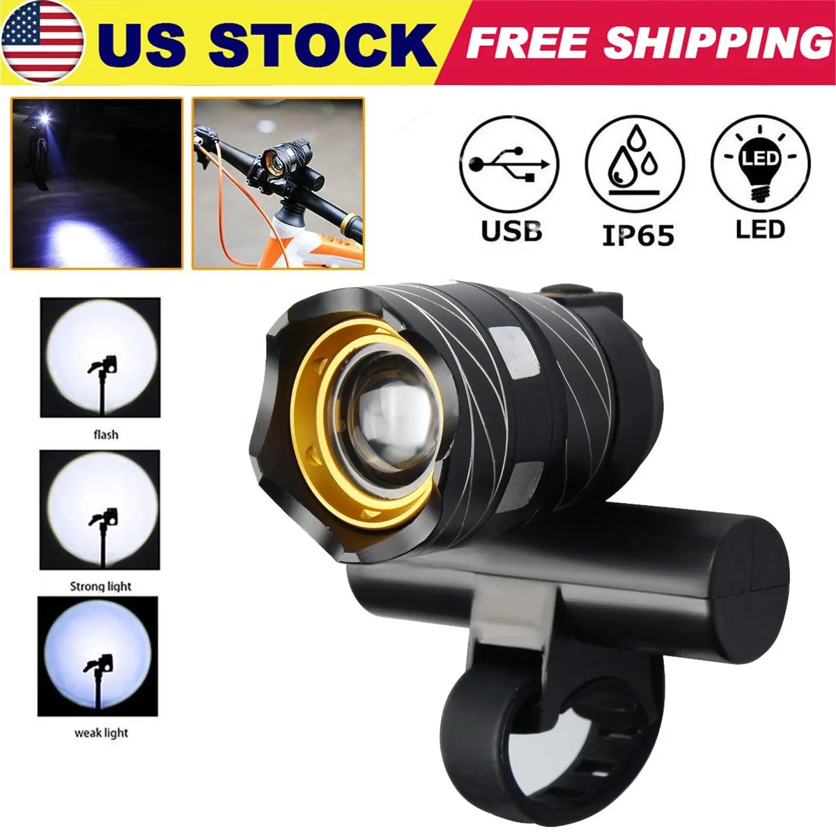 RAYBESTOS UNBRANDED RAYBESTOS UNBRANDED Rechargeable LED MTB Front Headlight Handlebar Mount Black 3000mAh — product photo