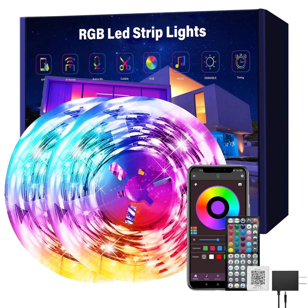 Two rolls of flexible RGB LED strip lights on reels, blue wire, adhesive backing visible