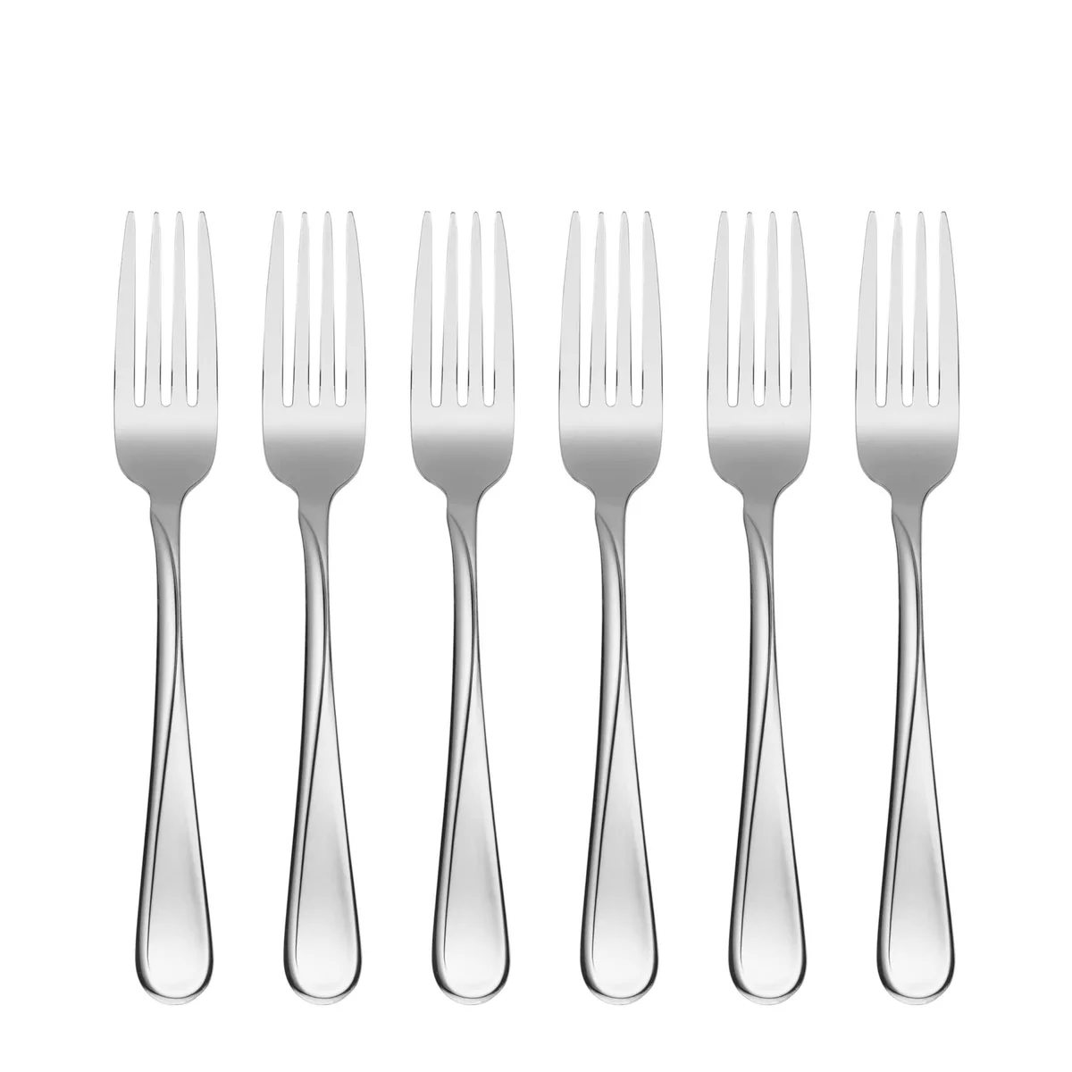 Six silver stainless steel dinner forks with mirror finish and sculptural handles