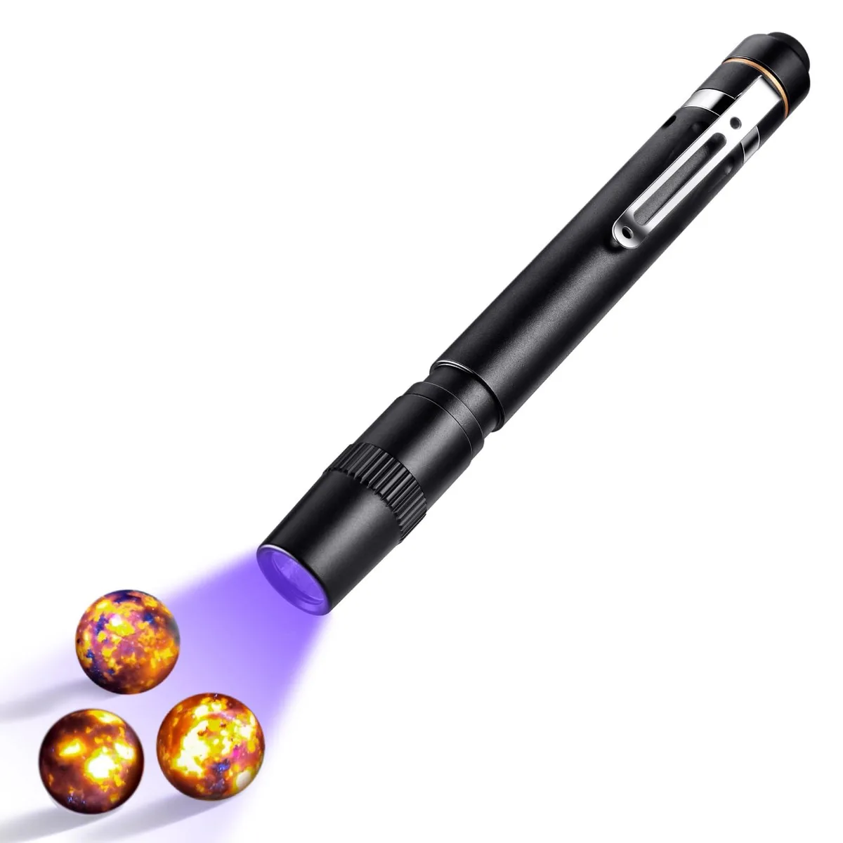 Black aluminium pen-style UV flashlight, 365 nm, IP65 waterproof