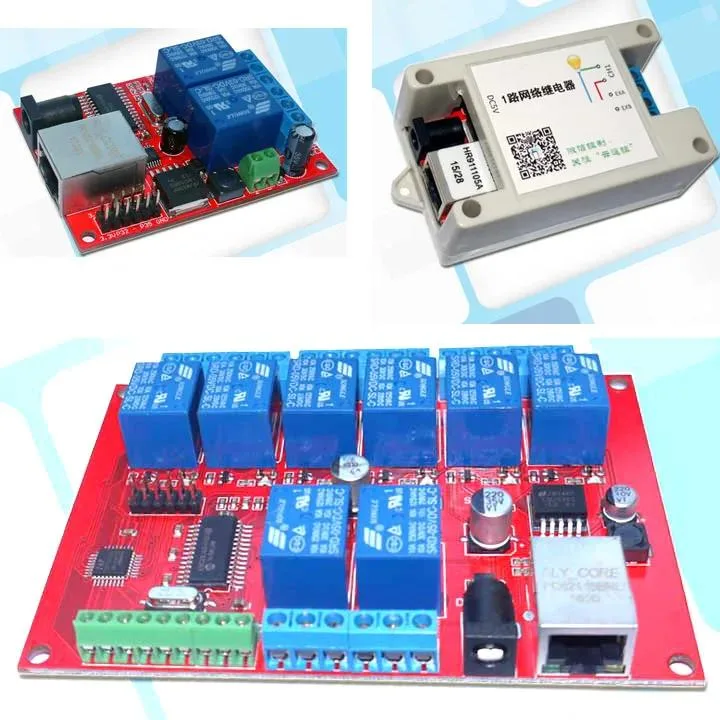 Green circuit board with eight black relay modules and Ethernet port