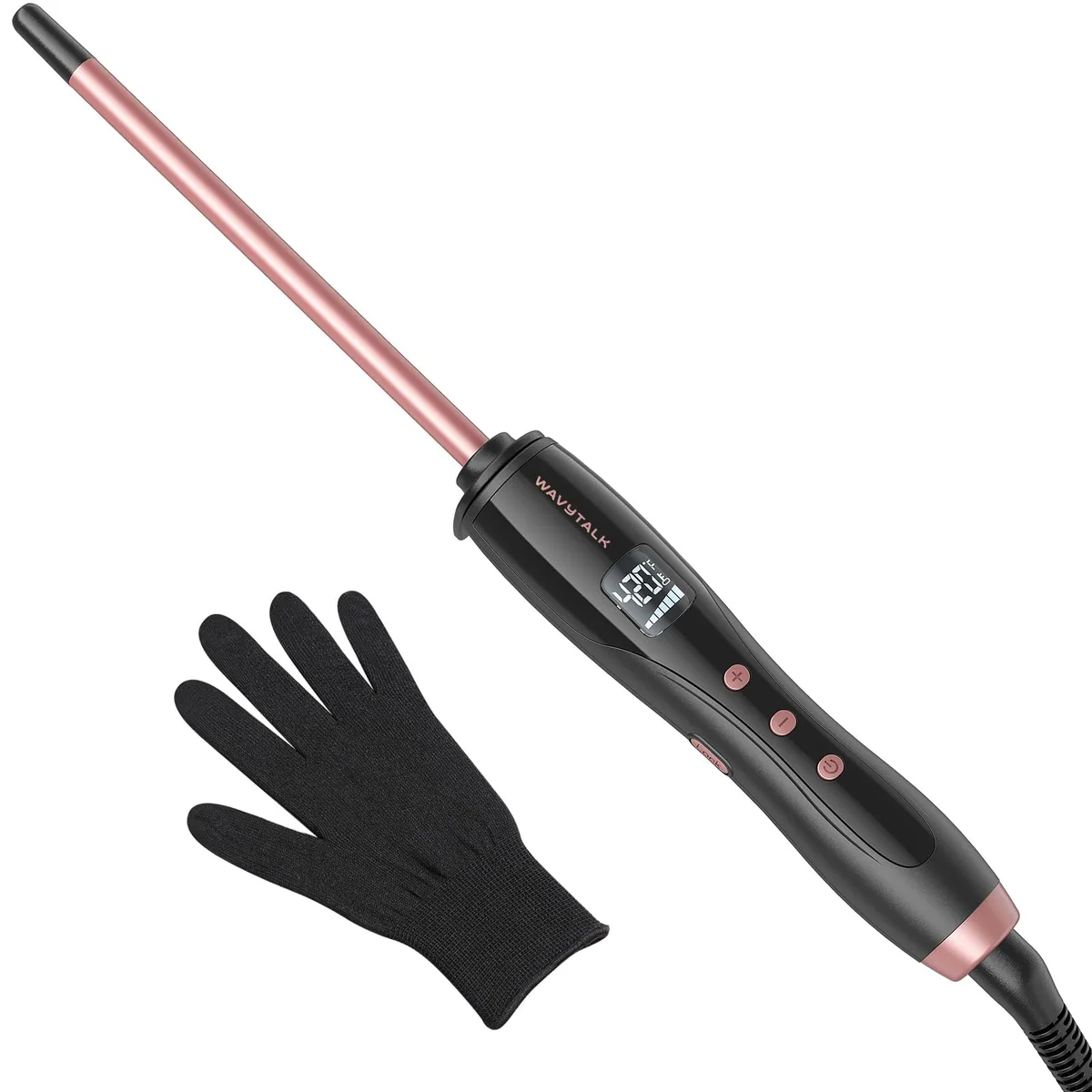Rose gold clip-free curling wand with thin ceramic barrel and digital display