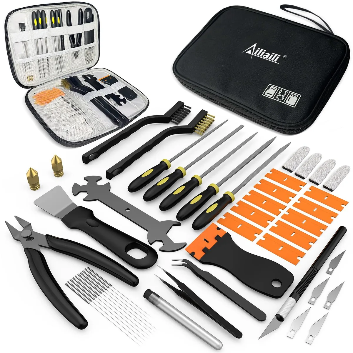 Open storage bag showing brass nozzles, steel scraper, files, tweezers, brushes, wire cutter, cleaning needles, engraving knife