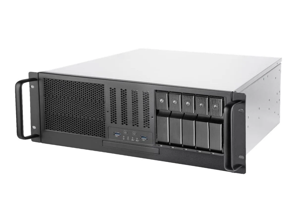 Silver 4U rackmount server chassis with front drive bays and USB ports