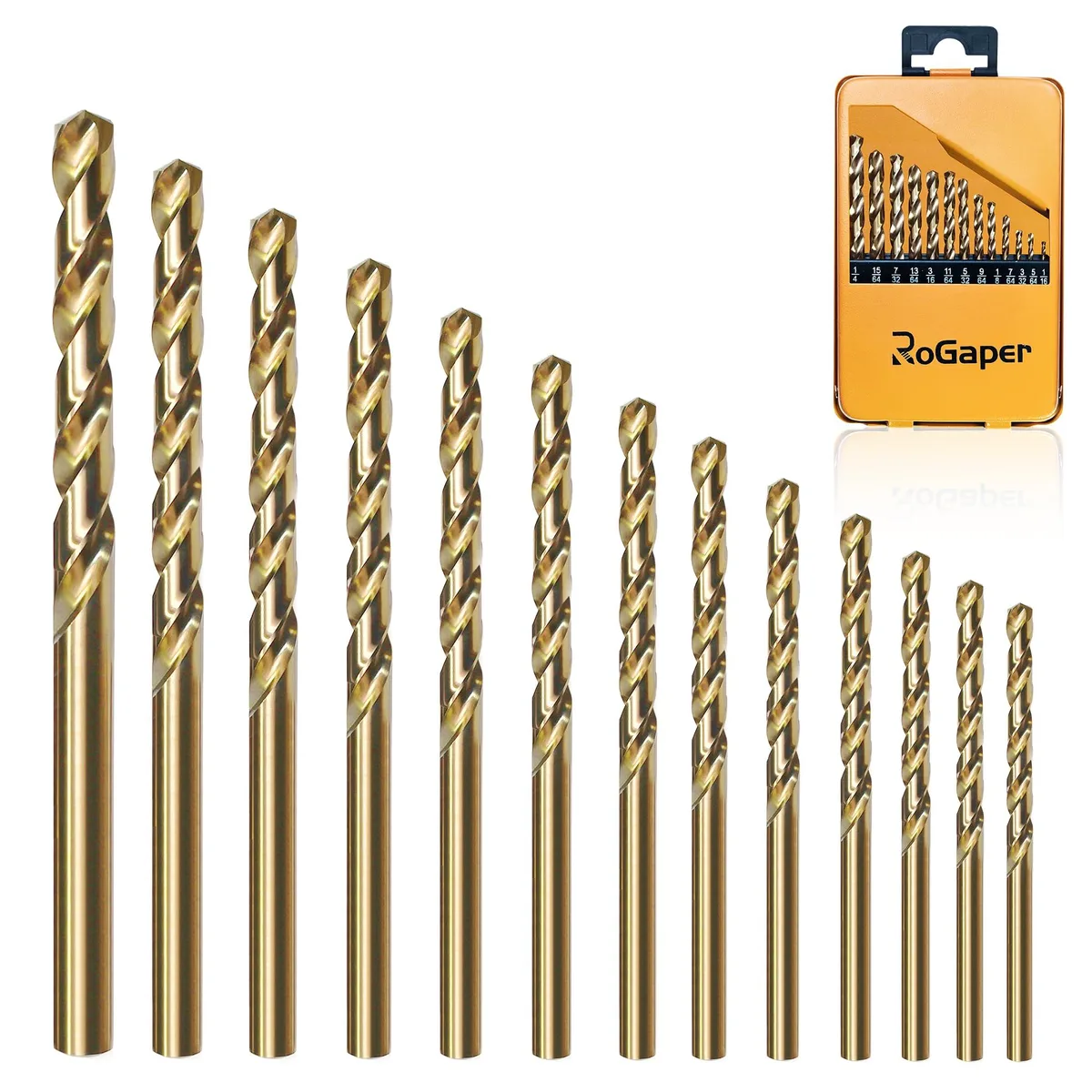Thirteen cobalt drill bits in a metal case, sizes from 1/16 to 1/4 inch
