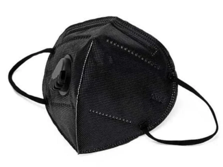 Box of 200 black KN95 masks with breathing valves, folded flat