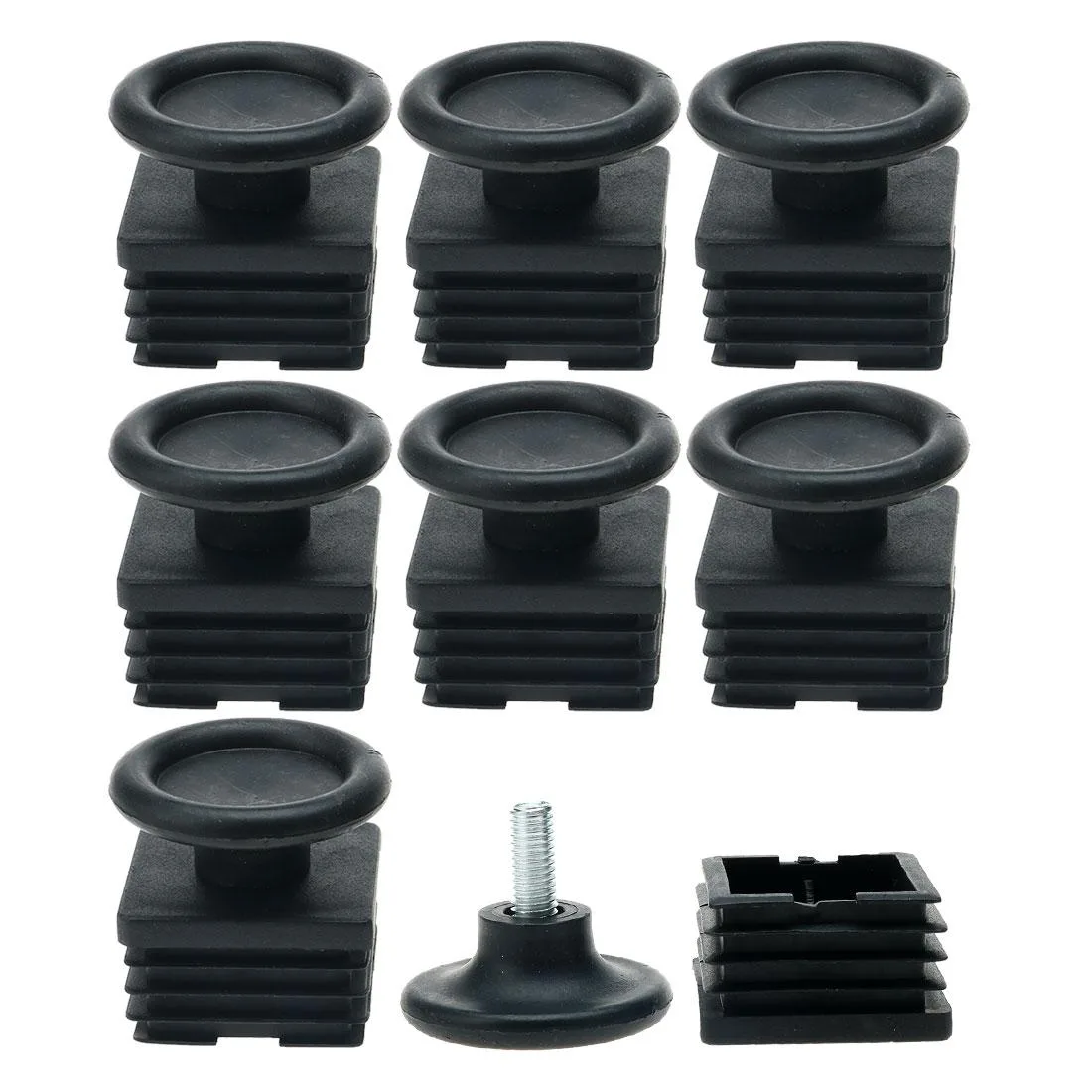 Eight sets of square tube inserts with adjustable threaded feet and plastic bases