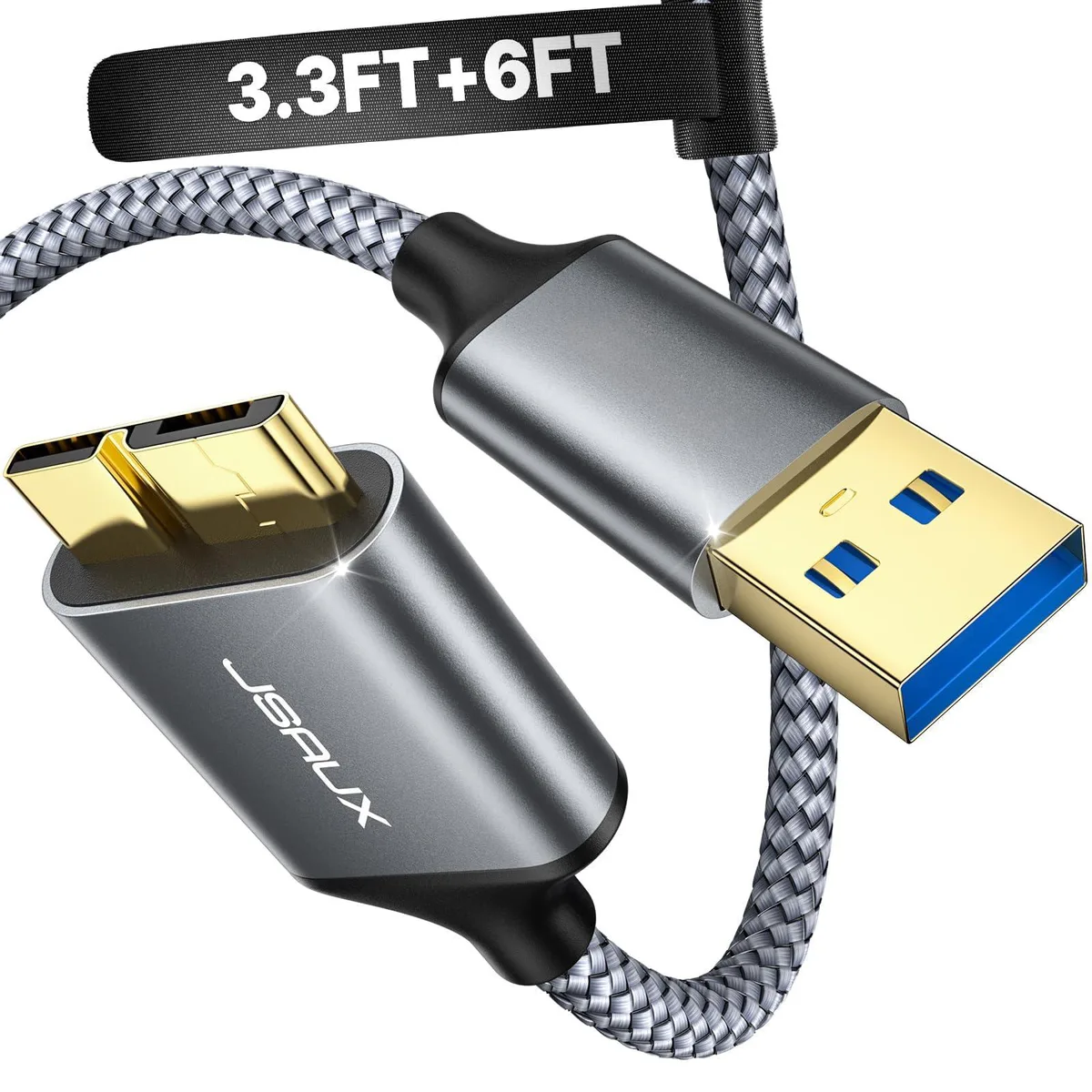 Two grey nylon-braided Micro USB 3.0 cables, 3.3 ft and 6.6 ft, gold-plated connectors