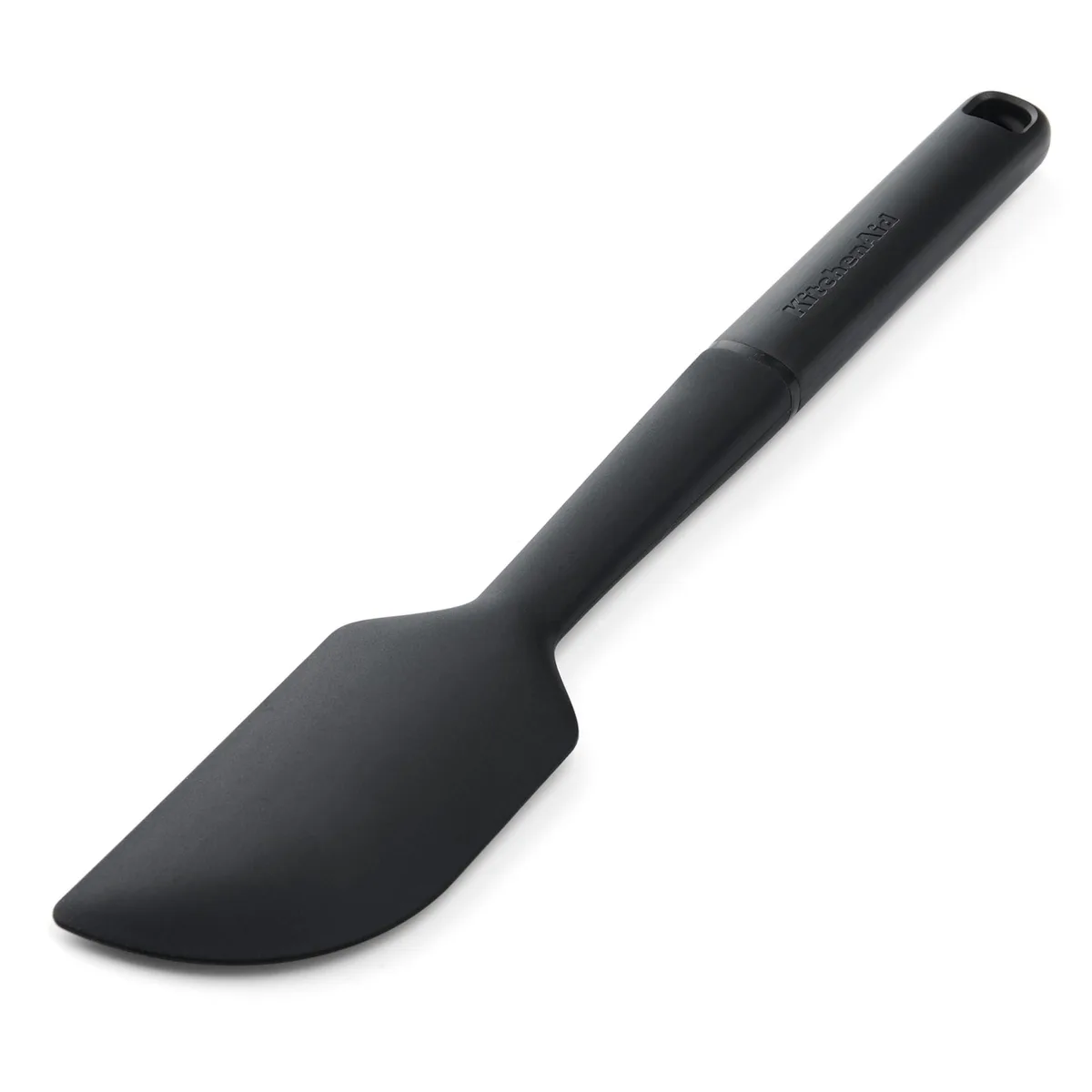 Black KitchenAid scraper spatula, curved silicone head, ergonomic handle, 11.9 inches