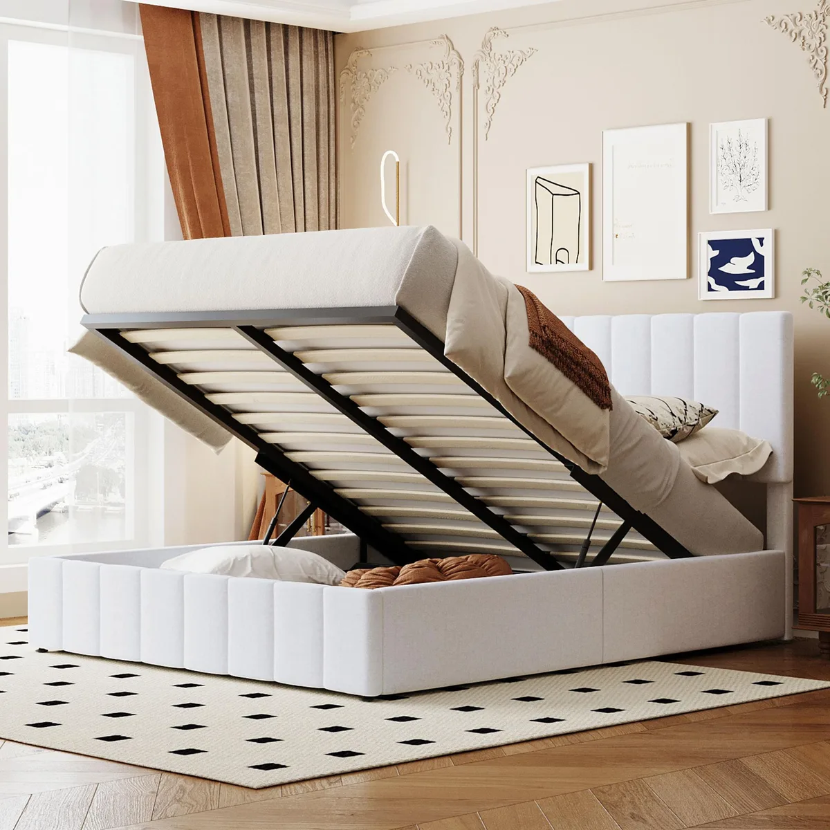 White upholstered queen platform bed with hydraulic storage lift and tufted headboard