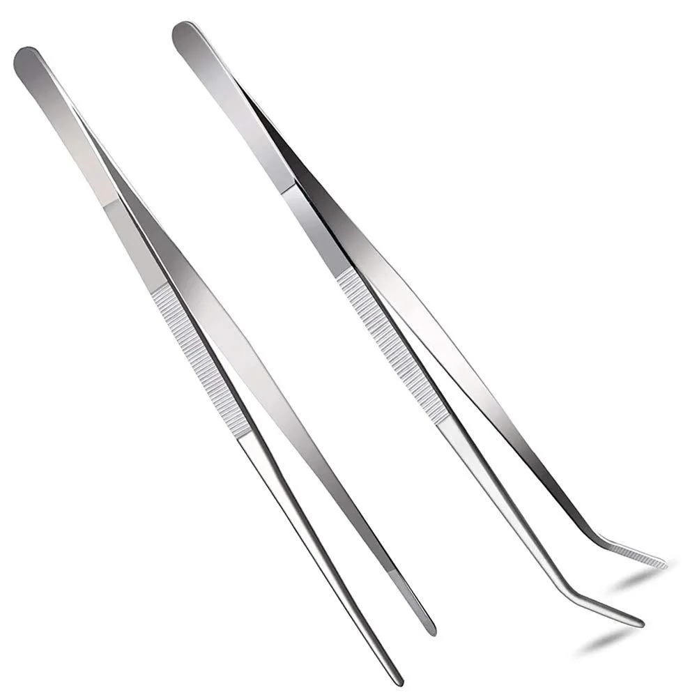 Two 12-inch stainless steel tweezers, one straight and one curved, silver finish with ridged handles and serrated tips