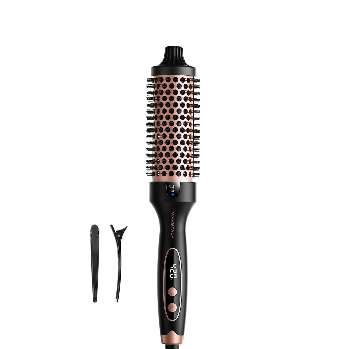 Cylindrical 1.5 inch thermal brush with ceramic tourmaline barrel and ionic bristles, digital display, dual voltage