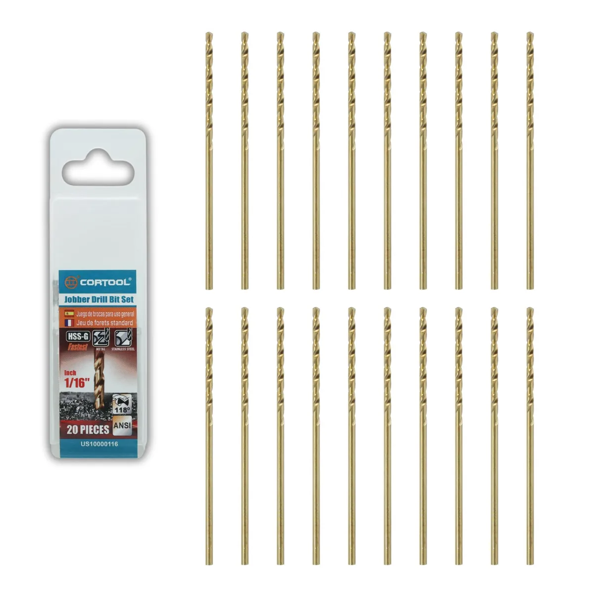 Twenty cobalt drill bits in a case, each 1/16 inch diameter with gold finish