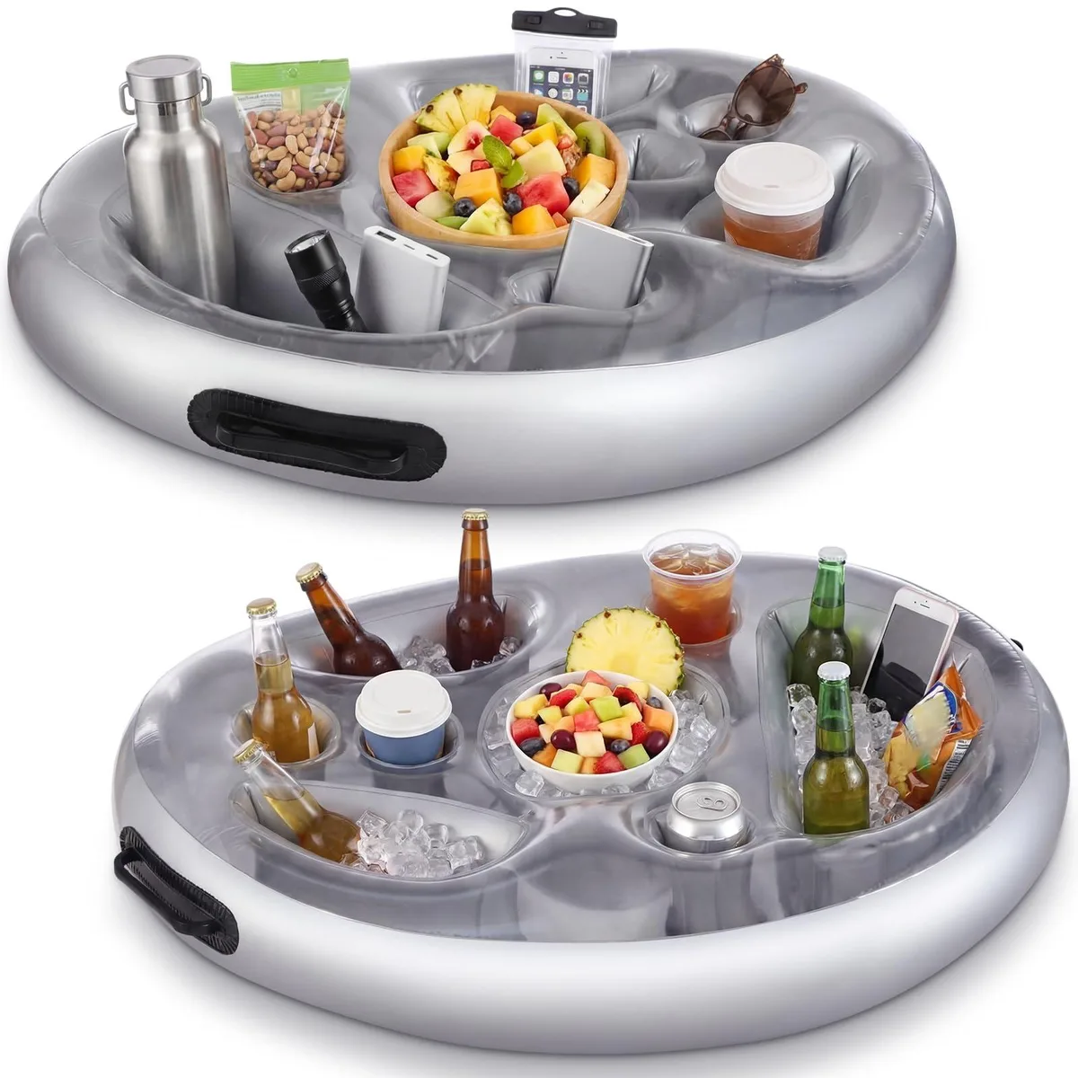 Two grey inflatable floating trays with cup slots and storage pockets, each 26.4 by 20 inches