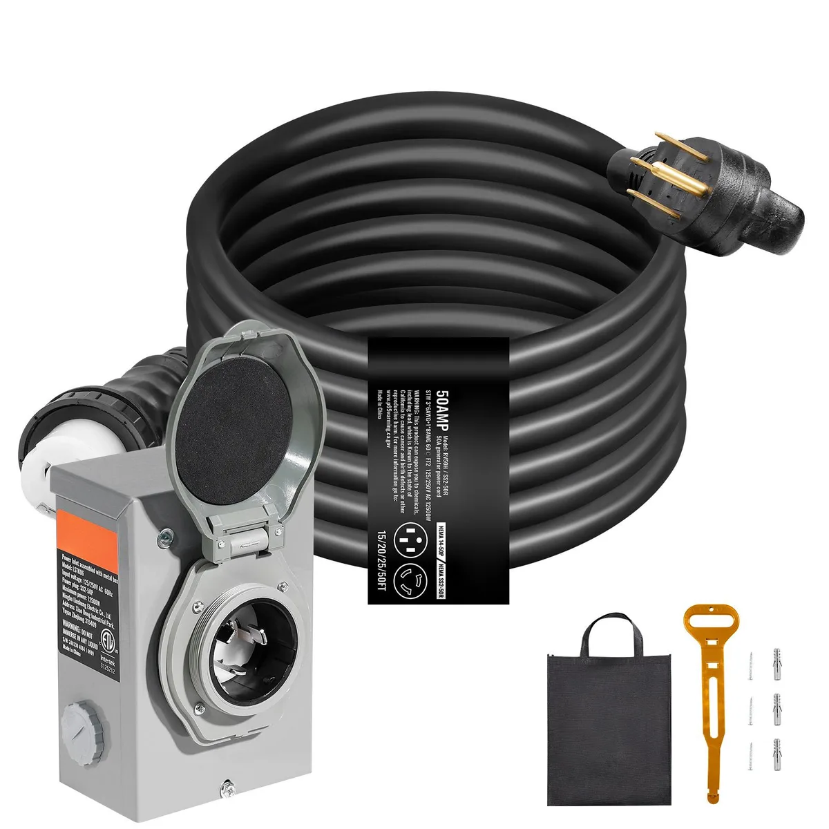 VEVOR VEVOR 50A Generator Cord &amp; Inlet Box Kit 25FT NEMA 14-50P/SS2-50R STW 6/3+8/1 AWG — product photo