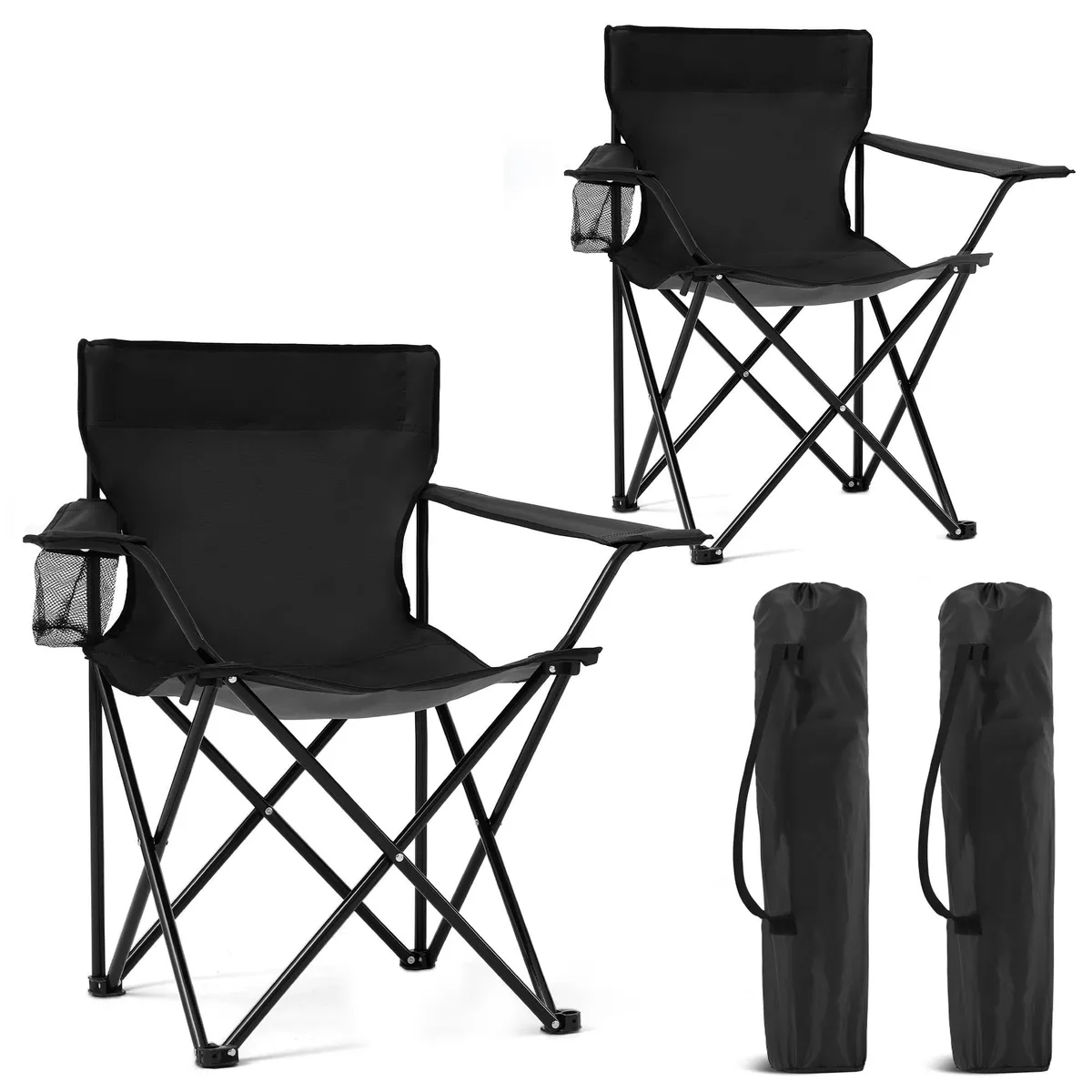 Two folded black camping chairs with carry bag