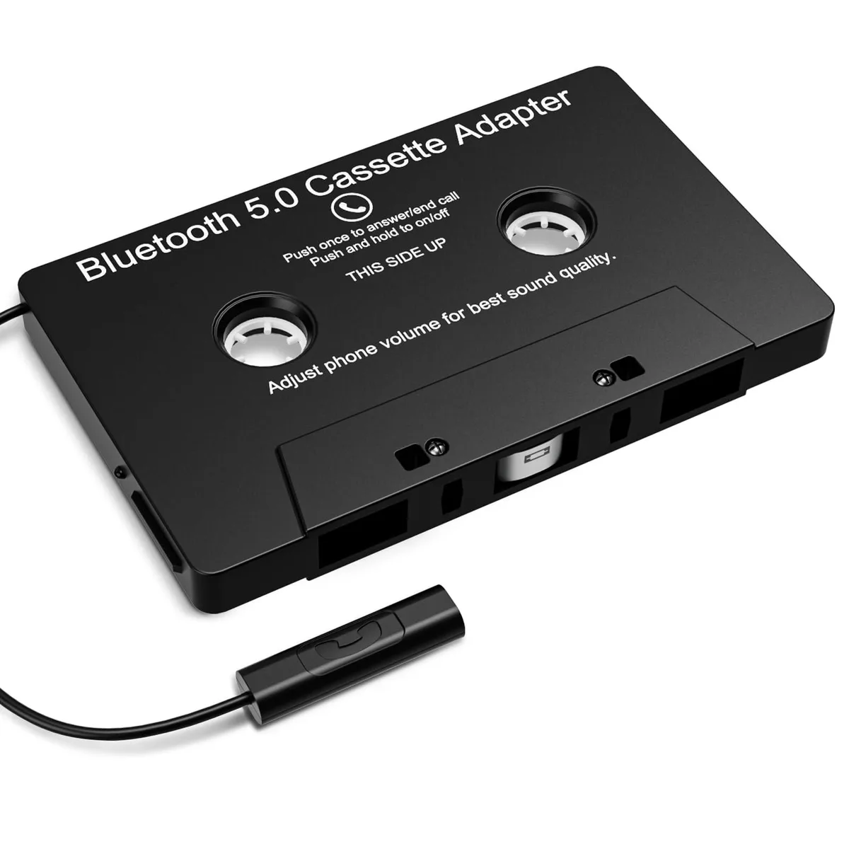 Black cassette-shaped Bluetooth adapter with a slim rectangular body