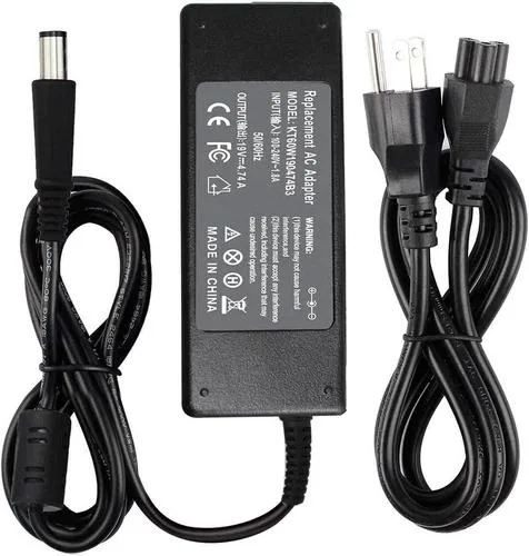 Black rectangular AC adapter with 7.4mm barrel connector and three-prong plug