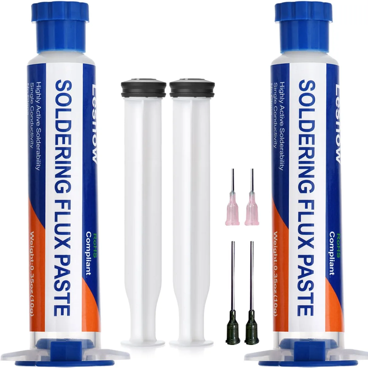 Two 10ml solder flux paste syringes with plungers and dispensing tips