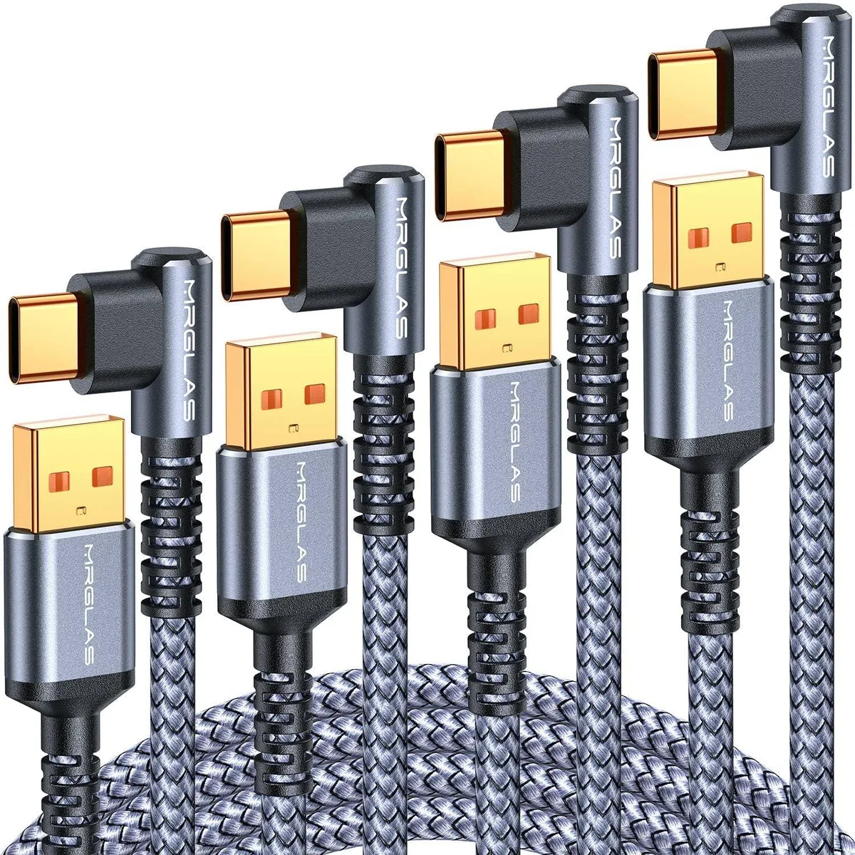  Belkin MRGLAS-KTC-04 USB-C to USB-A 3.2A Right-Angle 4-Pack 10+6.6+3.3+1.6ft Orange — product photo