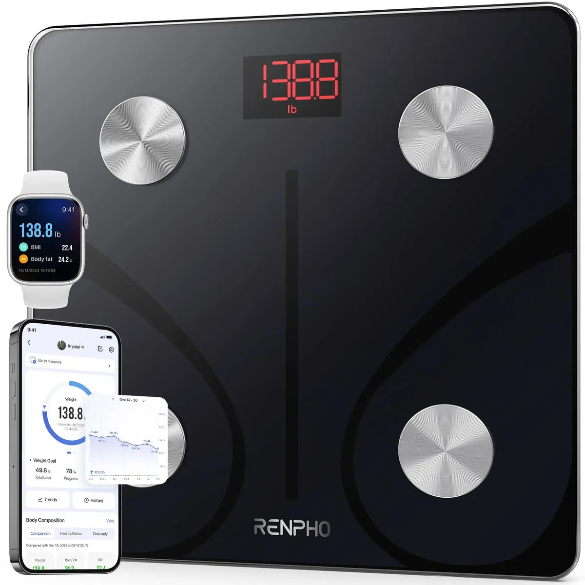 Square black tempered-glass bathroom scale with LED display