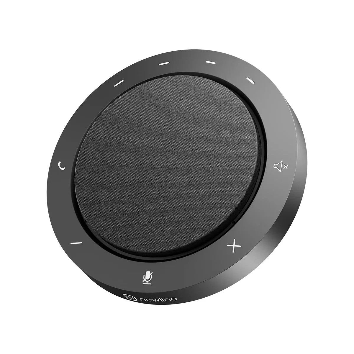 Compact round conferencing speaker with matte finish and integrated microphones