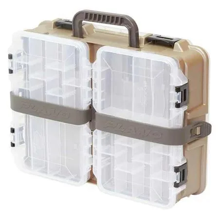 Rectangular beige and brown polypropylene storage box with latch closure and adjustable dividers
