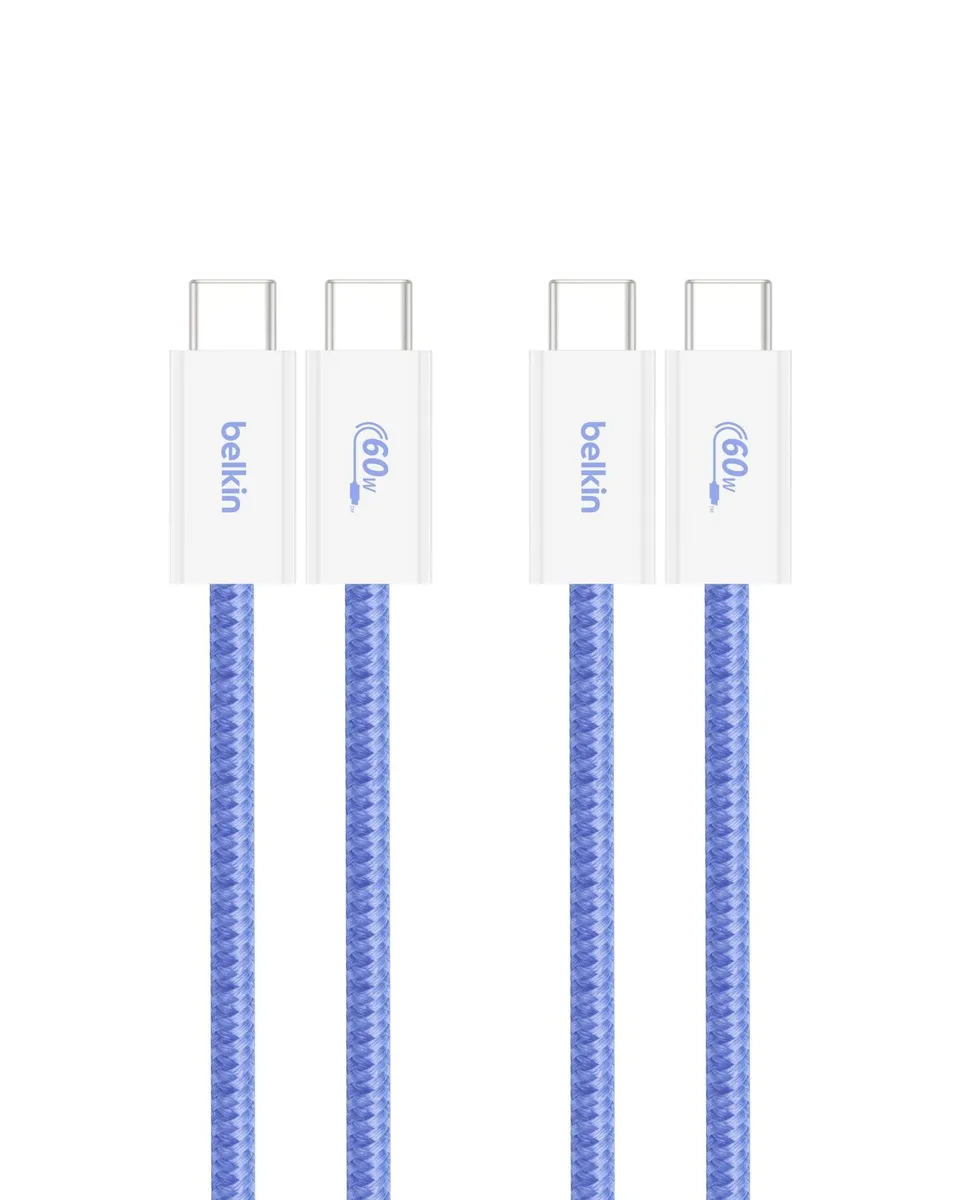 Two blue braided USB-C to USB-C cables coiled together