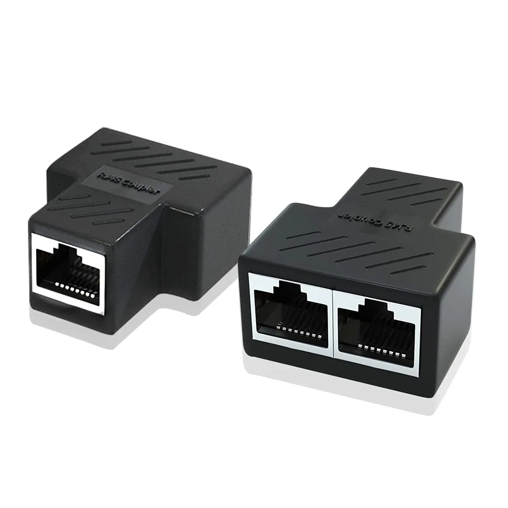 Two black RJ45 splitter adapters with dual ports side by side