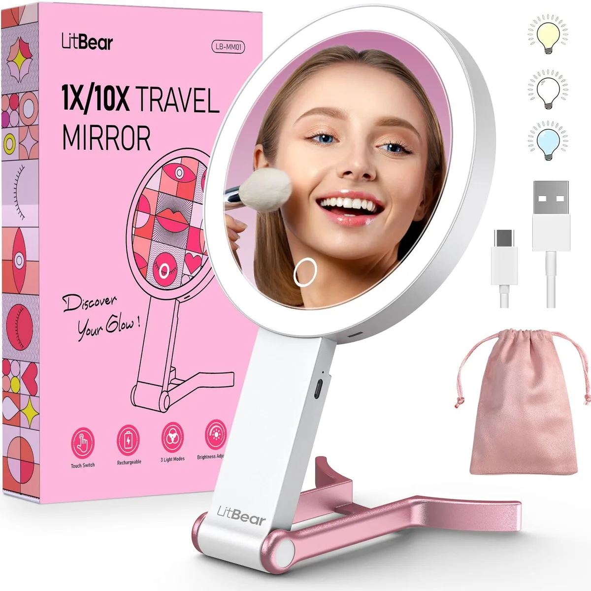  LitBear Travel Make up Mirror 10X/1X White &amp; Pink — product photo