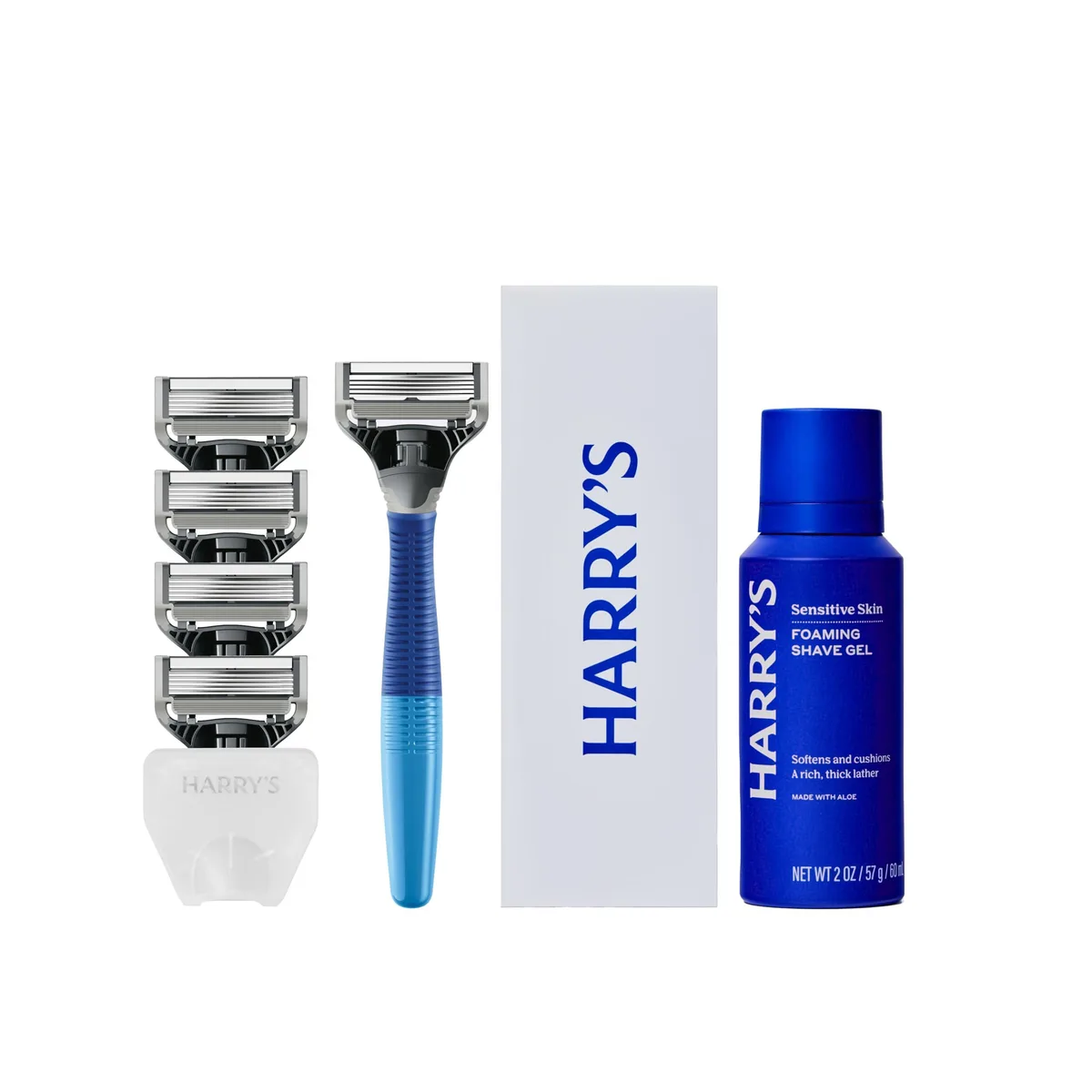 Ocean blue razor handle with five blade refills, foaming shave gel tube and travel cover