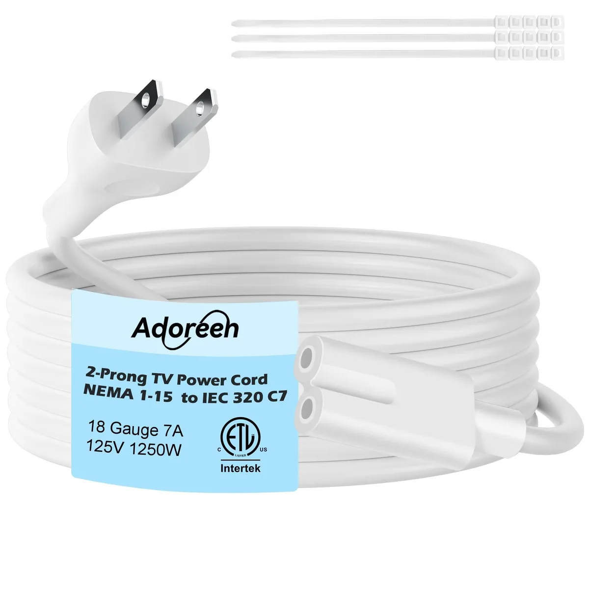 Adoreen Non-Polarized Power Cord 10 ft 1-15P to C7 18/2 AWG ETL White Ties — product photo