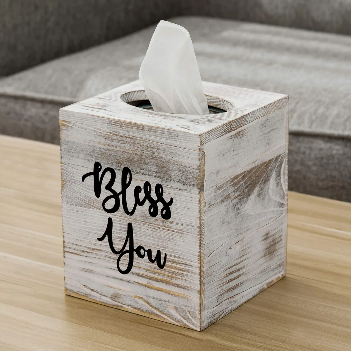 Whitewashed solid wood square tissue box cover with black cursive "Bless You" lettering and slide-out bottom