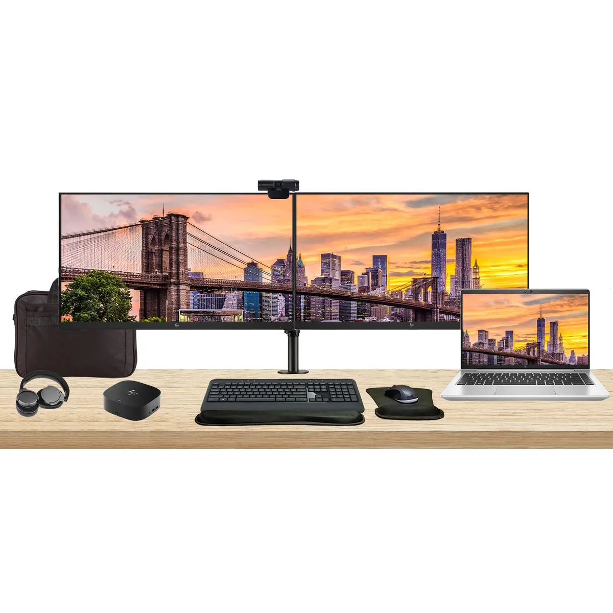 HP HP EliteBook 645 G10 14" Ryzen 7 7730U 32GB 1TB laptop bundle with dual 27" monitors, dock, peripherals — product photo