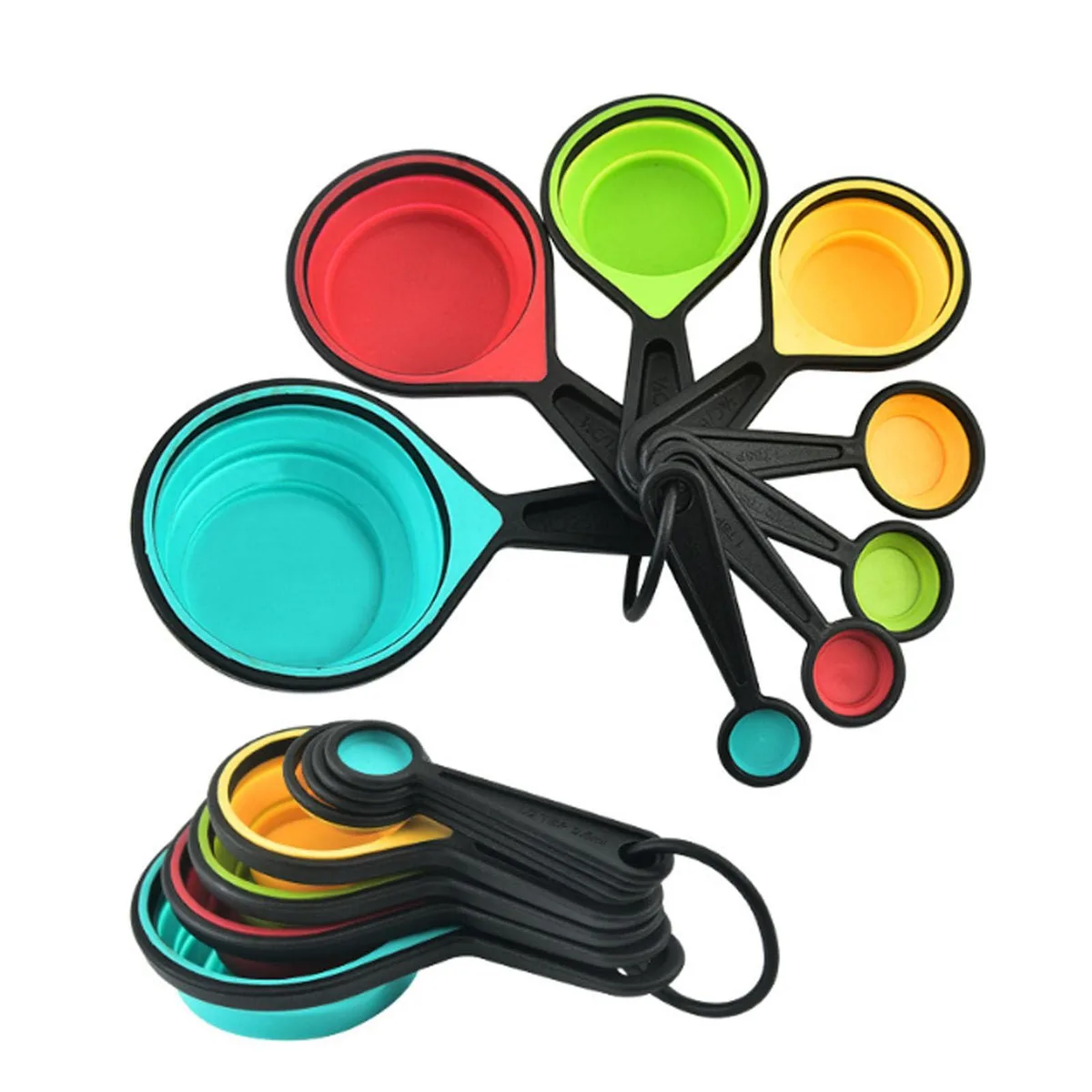 Eight multicolour collapsible silicone measuring cups and spoons nested together