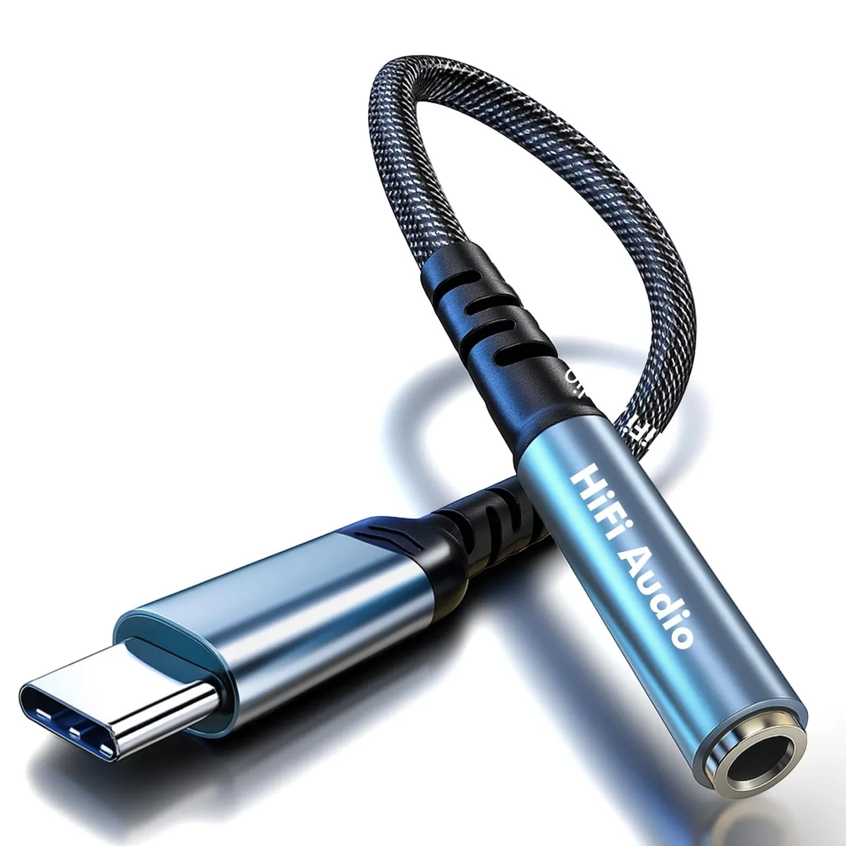 Blue USB-C to 3.5 mm audio adapter dongle with inline remote