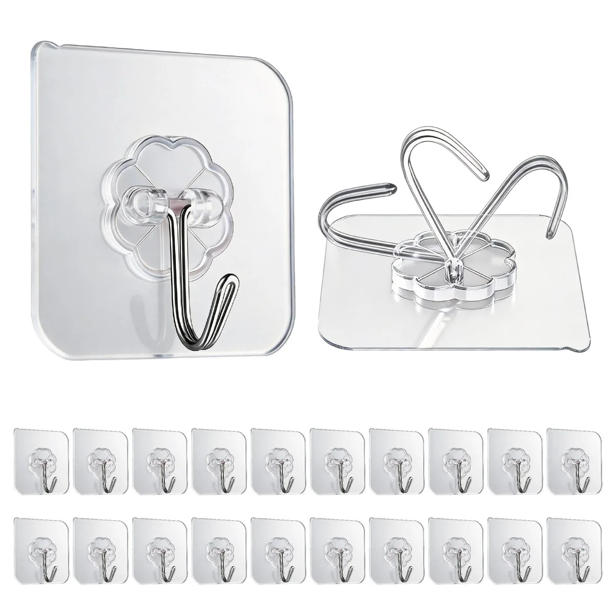 Transparent 304 stainless-steel adhesive hooks, glossy finish, 20 pieces, 2.36-inch irregular heart shape