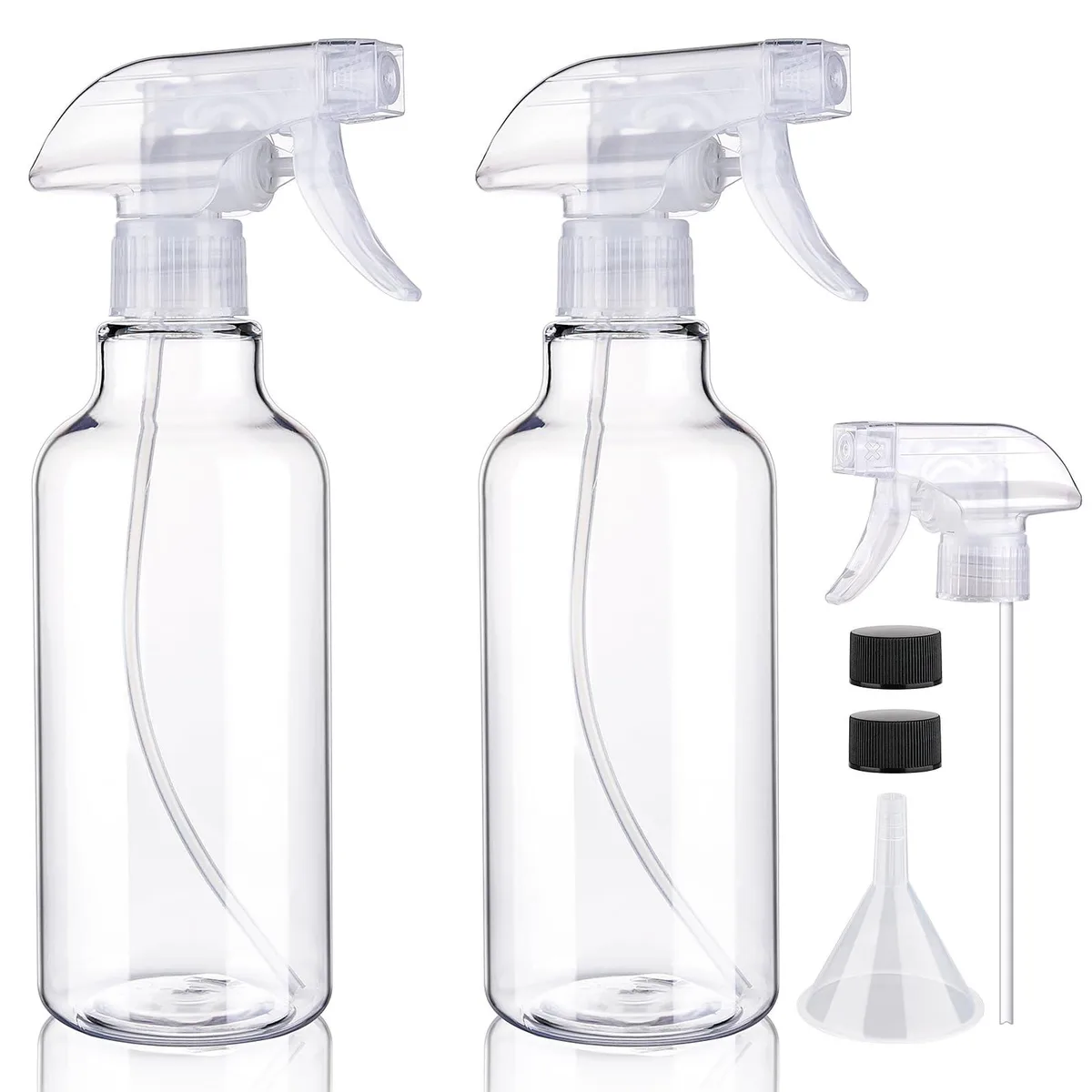 Two clear 500ml plastic spray bottles with adjustable nozzles, extra caps and funnel