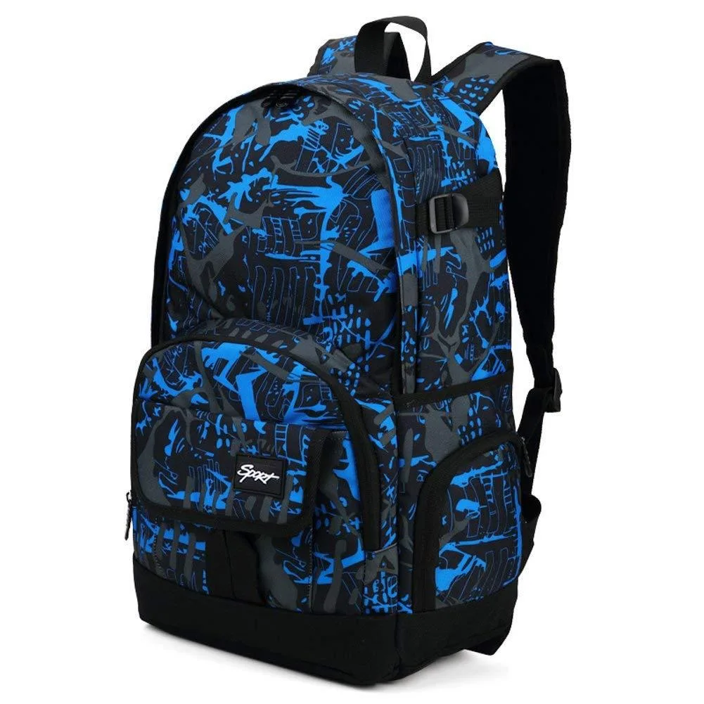 Blue nylon laptop backpack with graffiti prints, 15.6 inch compartment, 25L capacity